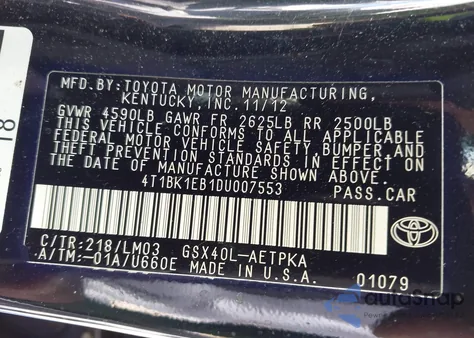 2013 Toyota Avalon Limited z USA, uszkodzony, nr VIN 4T1BK1EB1DU007553